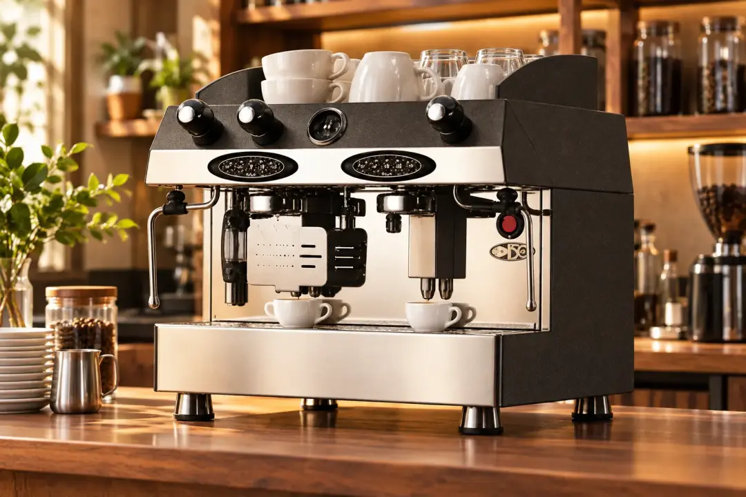 Illustrative traditional espresso machine in a café setting